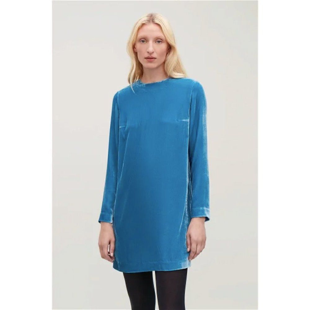 COS azure medium blue silk velvet long sleeve crewneck shift mini dress